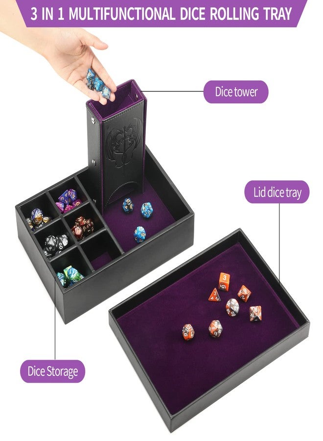 Grajar DND Dice Tray and Dice Tower with Storage, 3 in 1 Dice Rolling Tray with Lid, Portable Dice Box Storage, DND dice Holder for Dungeons and Dragons D&D RPG MTG Table Games - Purple - Image 3